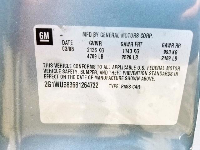 2G1WU583681264732 - 2008 CHEVROLET IMPALA LTZ GRAY photo 10