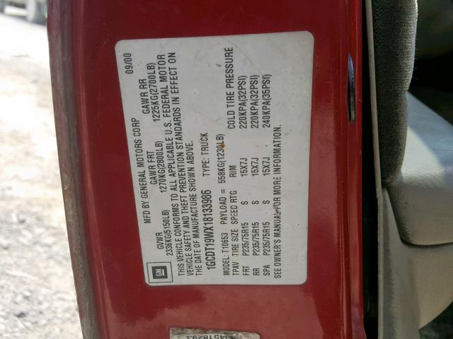 1GCDT19WX18133986 - 2001 CHEVROLET S TRUCK S1 RED photo 10