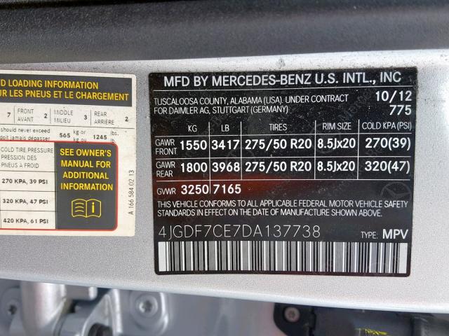 4JGDF7CE7DA137738 - 2013 MERCEDES-BENZ GL 450 4MA SILVER photo 10