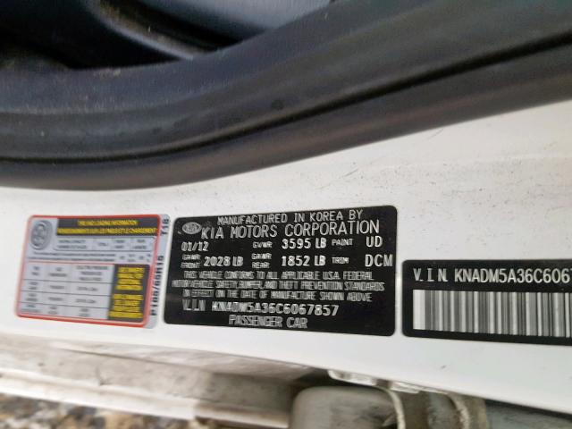 KNADM5A36C6067857 - 2012 KIA RIO LX WHITE photo 10