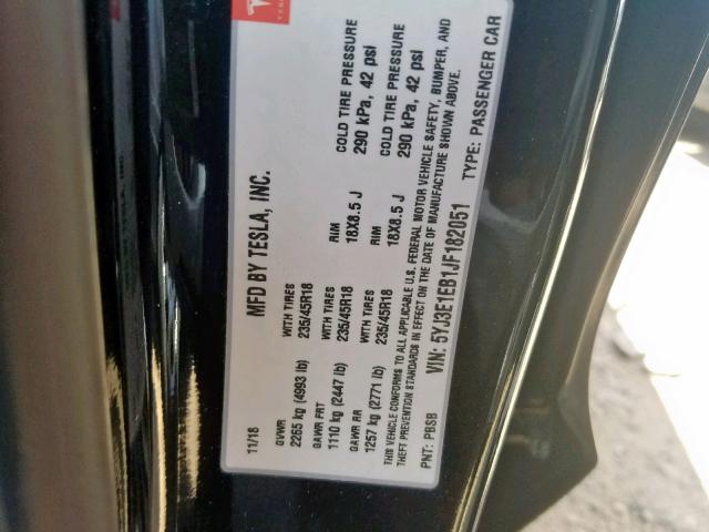 5YJ3E1EB1JF182051 - 2018 TESLA MODEL 3 BLACK photo 10