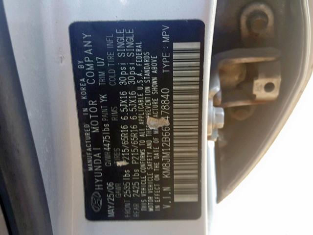 KM8JM12B66U478840 - 2006 HYUNDAI TUCSON GL SILVER photo 10