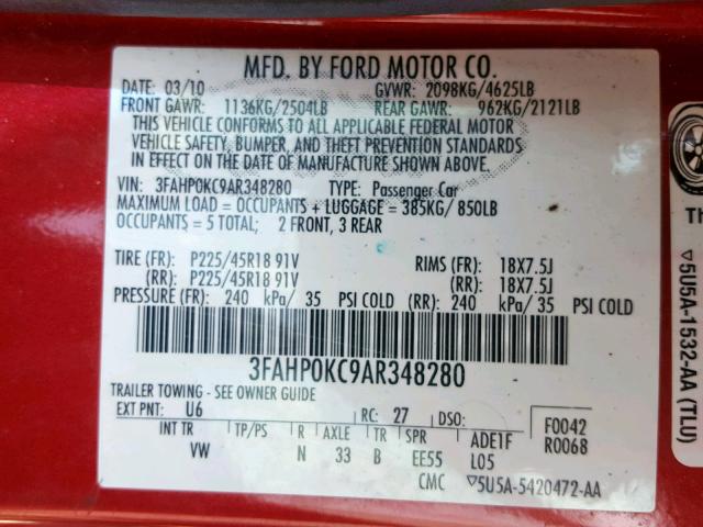 3FAHP0KC9AR348280 - 2010 FORD FUSION SPO RED photo 10