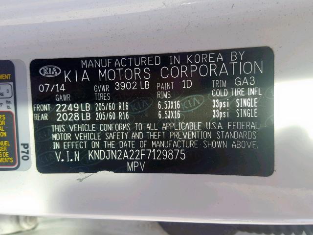 KNDJN2A22F7129875 - 2015 KIA SOUL WHITE photo 10