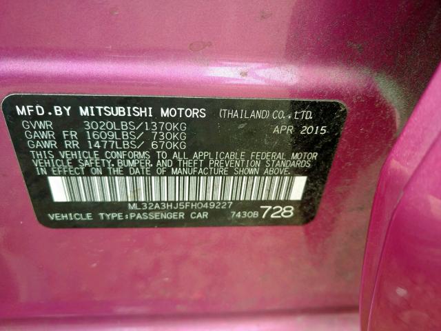 ML32A3HJ5FH049227 - 2015 MITSUBISHI MIRAGE DE PINK photo 10