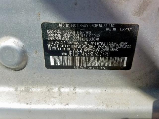 JF1GE74638G507720 - 2008 SUBARU IMPREZA WR SILVER photo 10