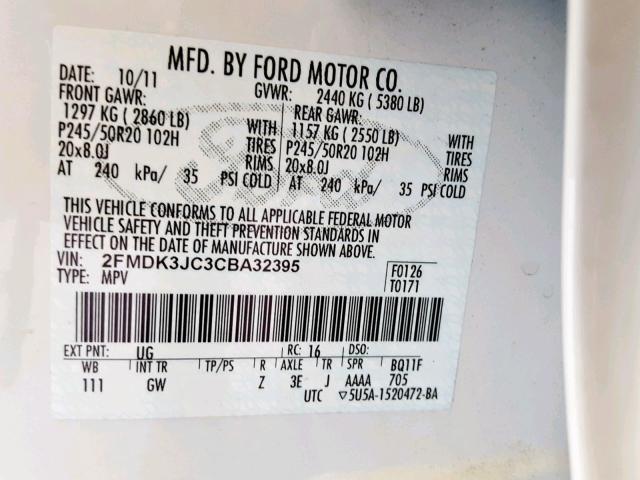 2FMDK3JC3CBA32395 - 2012 FORD EDGE SEL WHITE photo 10