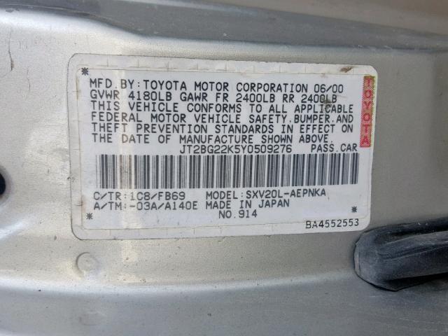 JT2BG22K5Y0509276 - 2000 TOYOTA CAMRY CE SILVER photo 10