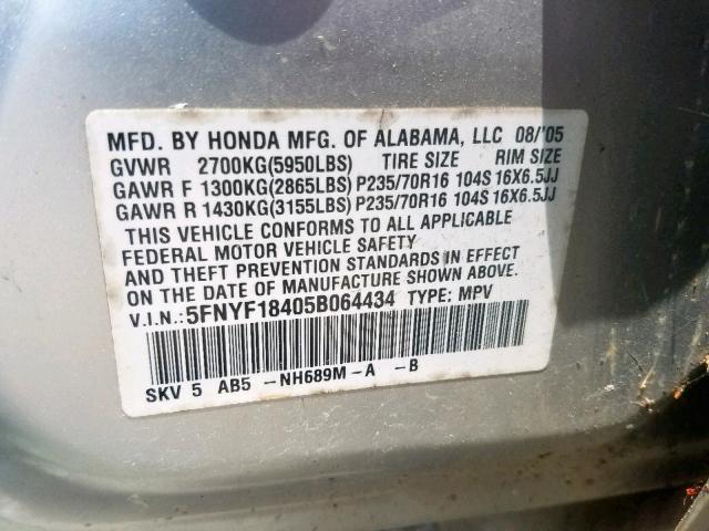 5FNYF18405B064434 - 2005 HONDA PILOT EX SILVER photo 10