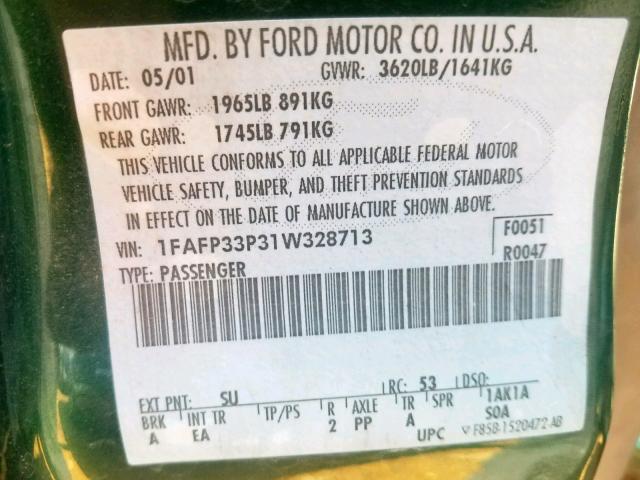 1FAFP33P31W328713 - 2001 FORD FOCUS LX GREEN photo 10