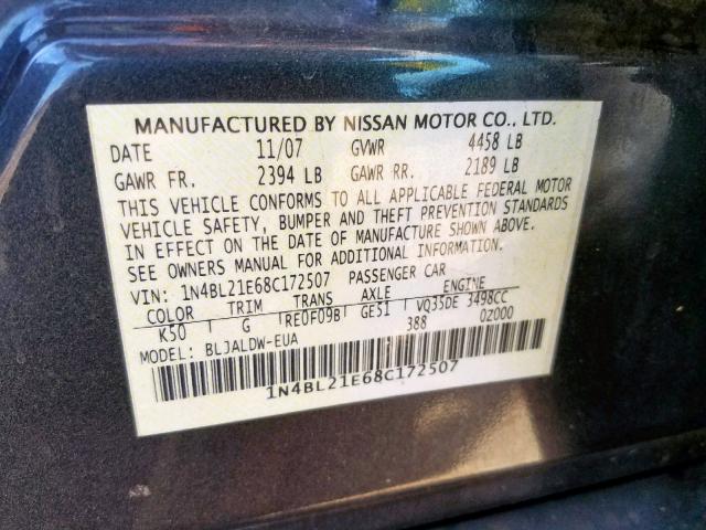 1N4BL21E68C172507 - 2008 NISSAN ALTIMA 3.5 CHARCOAL photo 10