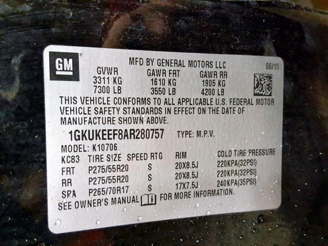 1GKUKEEF8AR280757 - 2010 GMC YUKON DENA BLACK photo 10