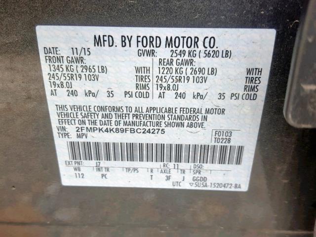 2FMPK4K89FBC24275 - 2015 FORD EDGE TITAN GRAY photo 10