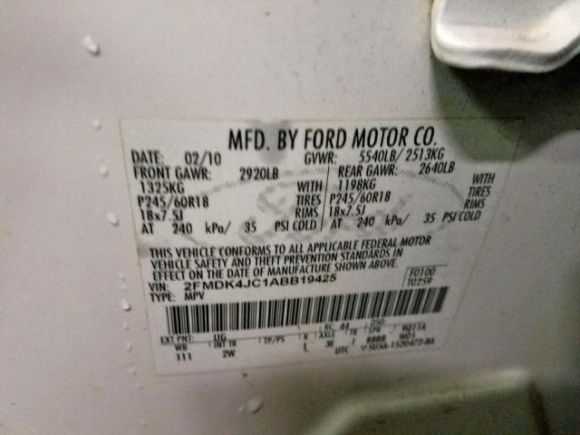 2FMDK4JC1ABB19425 - 2010 FORD EDGE SEL WHITE photo 10