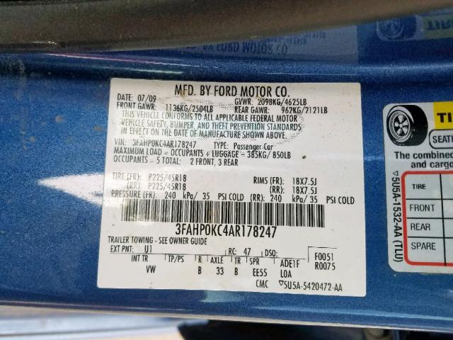 3FAHP0KC4AR178247 - 2010 FORD FUSION SPO BLUE photo 10