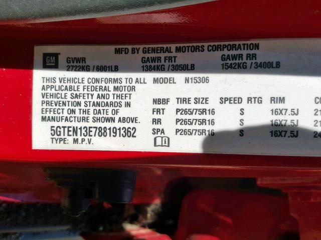 5GTEN13E788191362 - 2008 HUMMER H3 RED photo 10