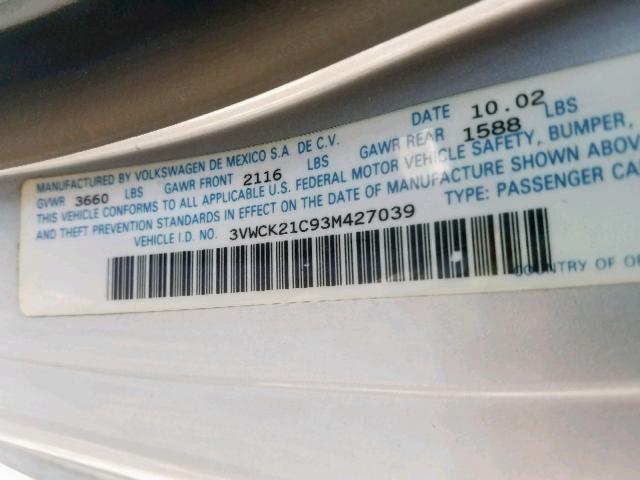 3VWCK21C93M427039 - 2003 VOLKSWAGEN NEW BEETLE Silber Foto 10