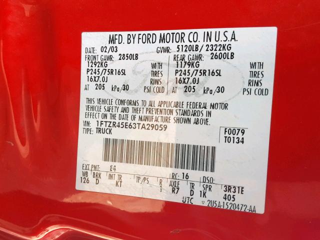 1FTZR45E63TA29059 - 2003 FORD RANGER SUP RED photo 10