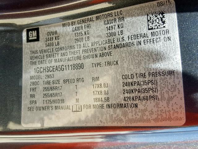 1GCHSCEA5G1118890 - 2016 CHEVROLET COLORADO L GRAY photo 10