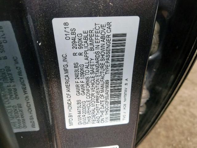 1HGCV2F50JA019089 - 2018 HONDA ACCORD EXL GRAY photo 10