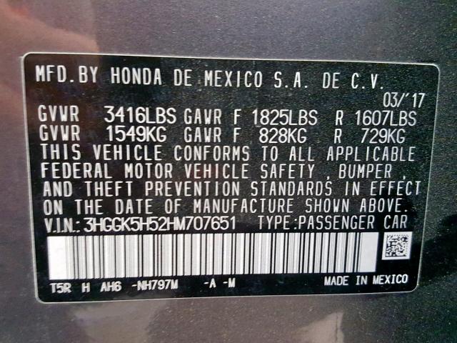 3HGGK5H52HM707651 - 2017 HONDA FIT LX GRAY photo 10