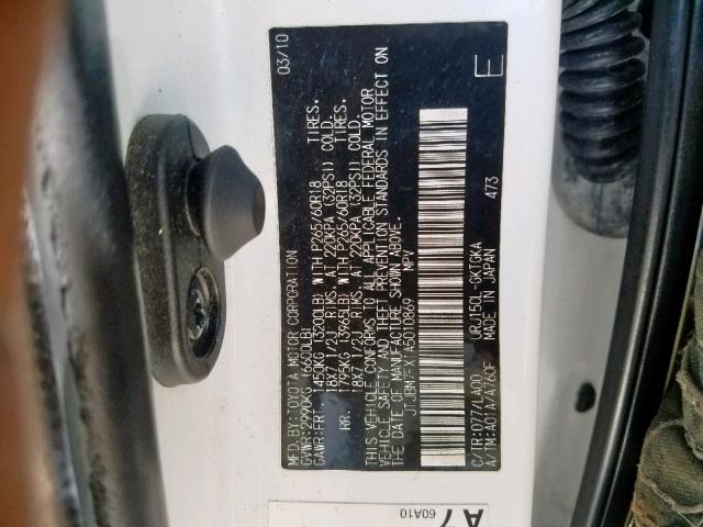 JTJBM7FX1A5010869 - 2010 LEXUS GX WHITE photo 10