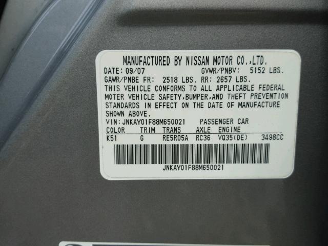 JNKAY01F88M650021 - 2008 INFINITI M35 BASE CHARCOAL photo 10