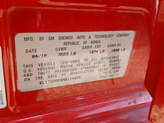 KL1TD5DE8AB114345 - 2010 CHEVROLET AVEO LS RED photo 10