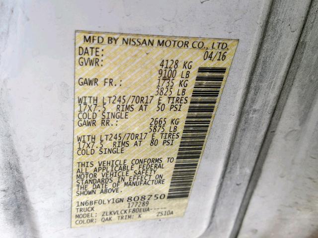 1N6BF0LY1GN808750 - 2016 NISSAN NV 2500 S WHITE photo 10