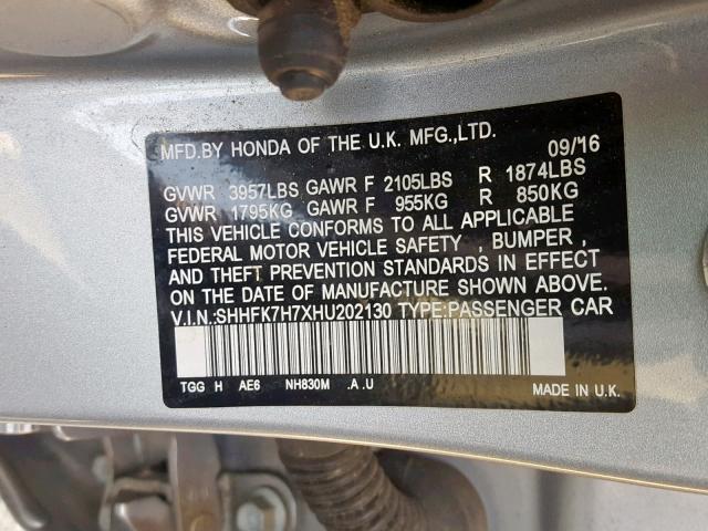 SHHFK7H7XHU202130 - 2017 HONDA CIVIC EXL 银色 照片 10