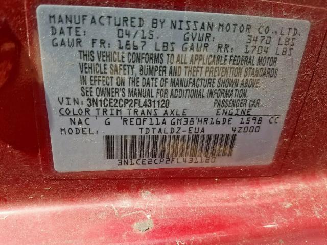 3N1CE2CP2FL431120 - 2015 NISSAN VERSA NOTE RED photo 10