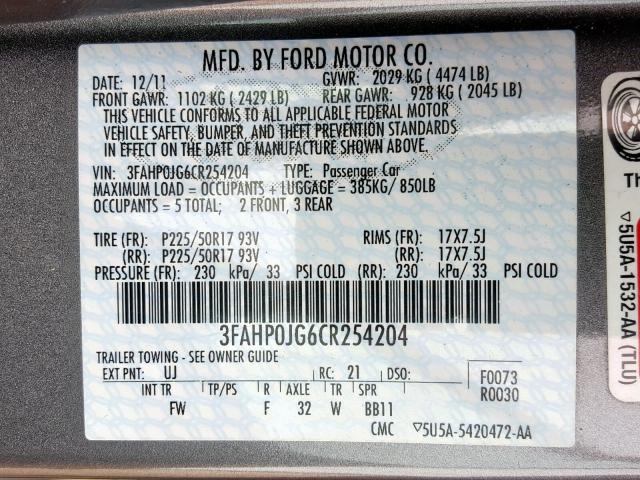 3FAHP0JG6CR254204 - 2012 FORD FUSION SEL CHARCOAL photo 10