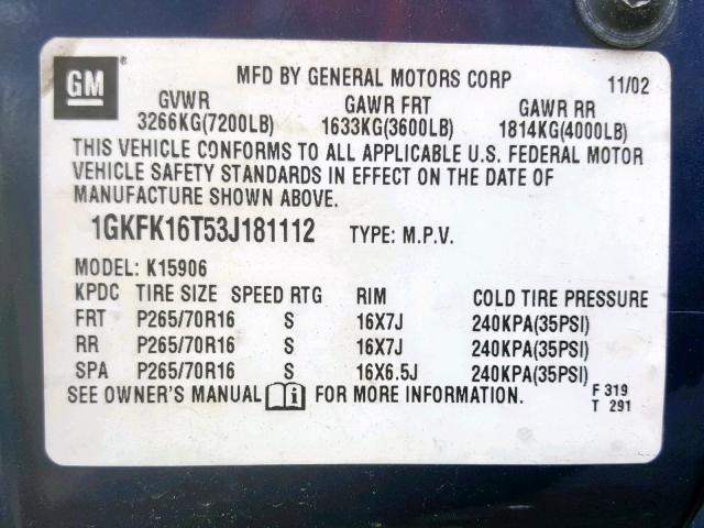 1GKFK16T53J181112 - 2003 GMC YUKON XL K BLUE photo 10