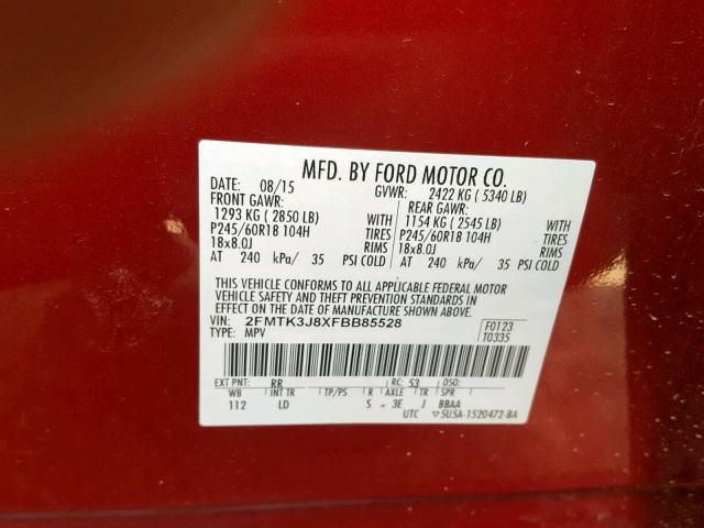 2FMTK3J8XFBB85528 - 2015 FORD EDGE SEL MAROON photo 10