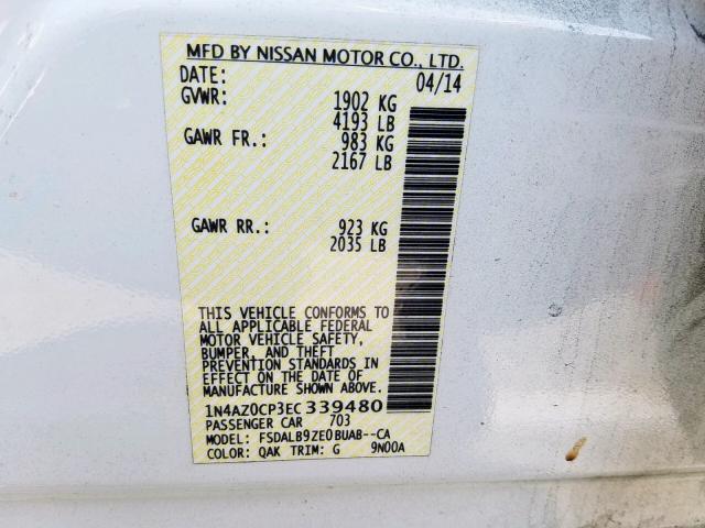 1N4AZ0CP3EC339480 - 2014 NISSAN LEAF S WHITE photo 10