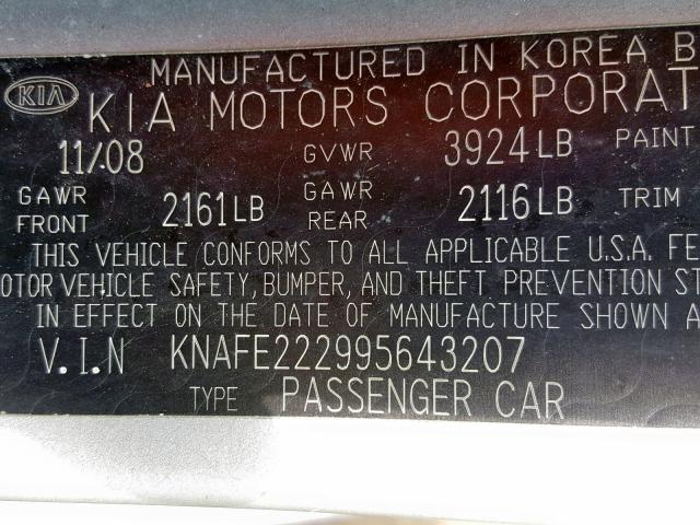 KNAFE222995643207 - 2009 KIA SPECTRA EX SILVER photo 10