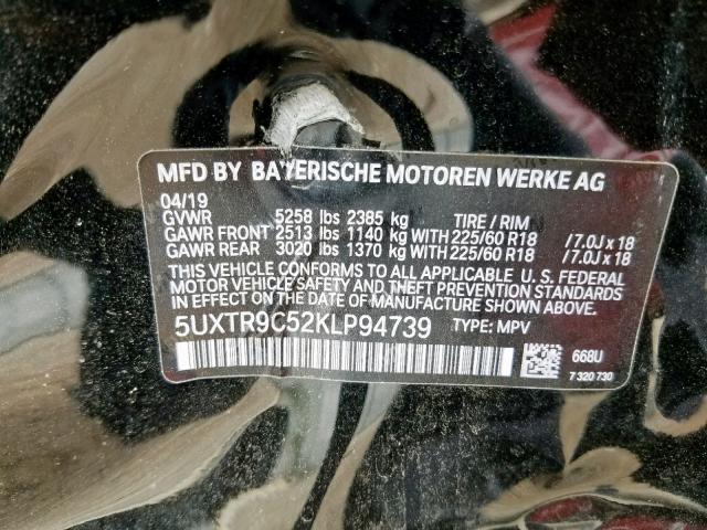 5UXTR9C52KLP94739 - 2019 BMW X3 XDRIVE3 BLACK photo 10