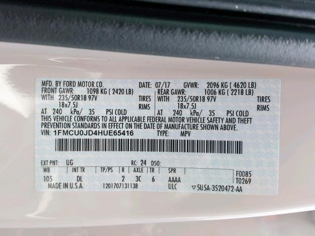 1FMCU0JD4HUE65416 - 2017 FORD ESCAPE TIT WHITE photo 10