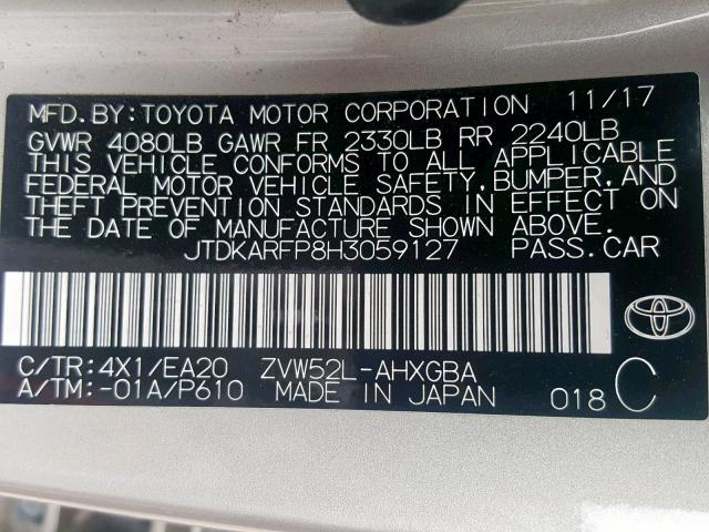 JTDKARFP8H3059127 - 2017 TOYOTA PRIUS PRIM 银色 照片 10