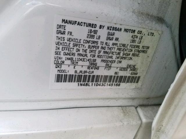 1N4BL11D43C145168 - 2003 NISSAN ALTIMA SE WHITE photo 10