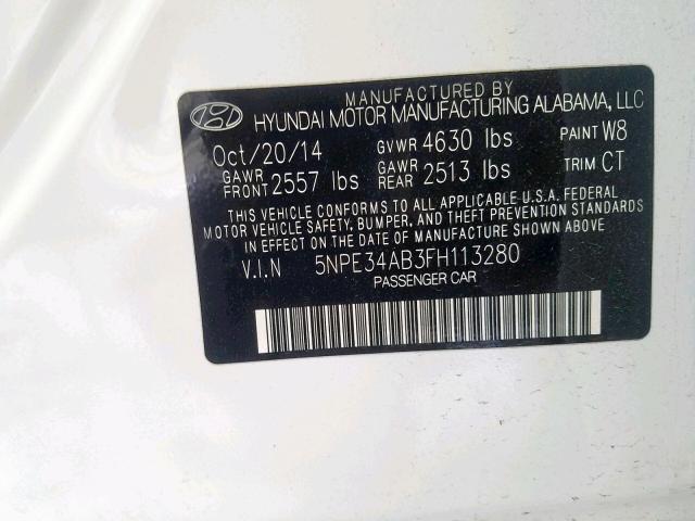 5NPE34AB3FH113280 - 2015 HYUNDAI SONATA SPO WHITE photo 10