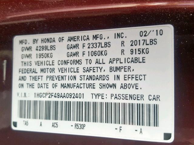 1HGCP2F49AA092401 - 2010 HONDA ACCORD LXP BURGUNDY photo 10