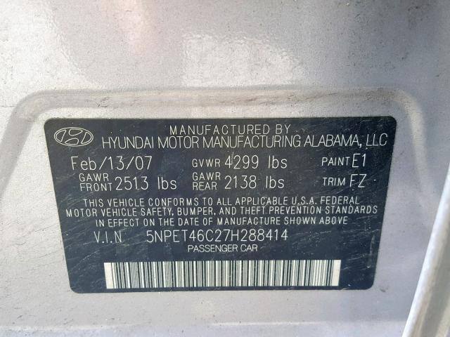 5NPET46C27H288414 - 2007 HYUNDAI SONATA GLS GRAY photo 10