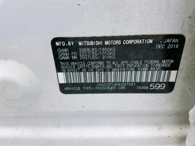 JA32U2FU6HU007041 - 2017 MITSUBISHI LANCER ES WHITE photo 10