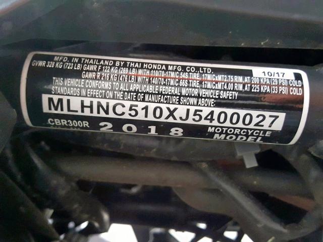 MLHNC510XJ5400027 - 2018 HONDA CBR300 R BLACK photo 10