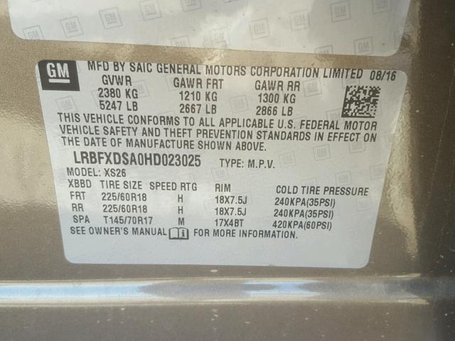 LRBFXDSA0HD023025 - 2017 BUICK ENVISION E BROWN photo 10