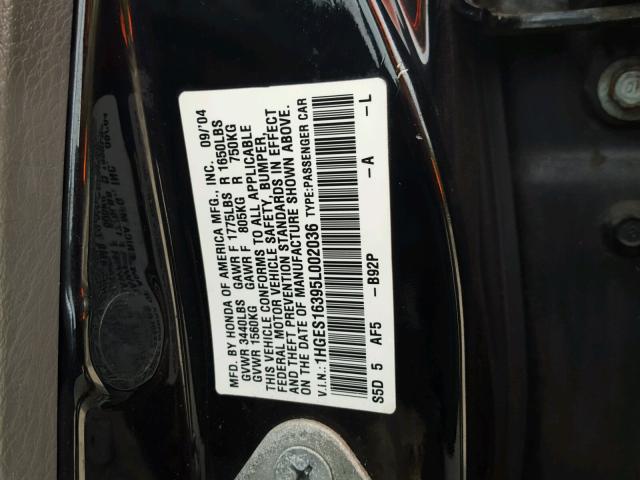 1HGES16395L002036 - 2005 HONDA CIVIC DX V BLACK photo 10