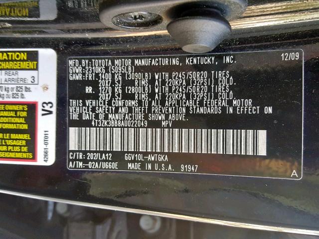 4T3ZK3BB8AU022049 - 2010 TOYOTA VENZA BLACK photo 10