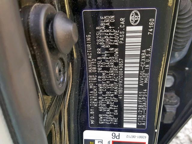 4T1BD1FK7CU043657 - 2012 TOYOTA CAMRY HYBR BLACK photo 10