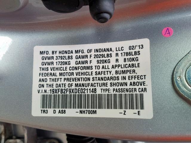 19XFB2F9XDE021148 - 2013 HONDA CIVIC EXL 银色 照片 10